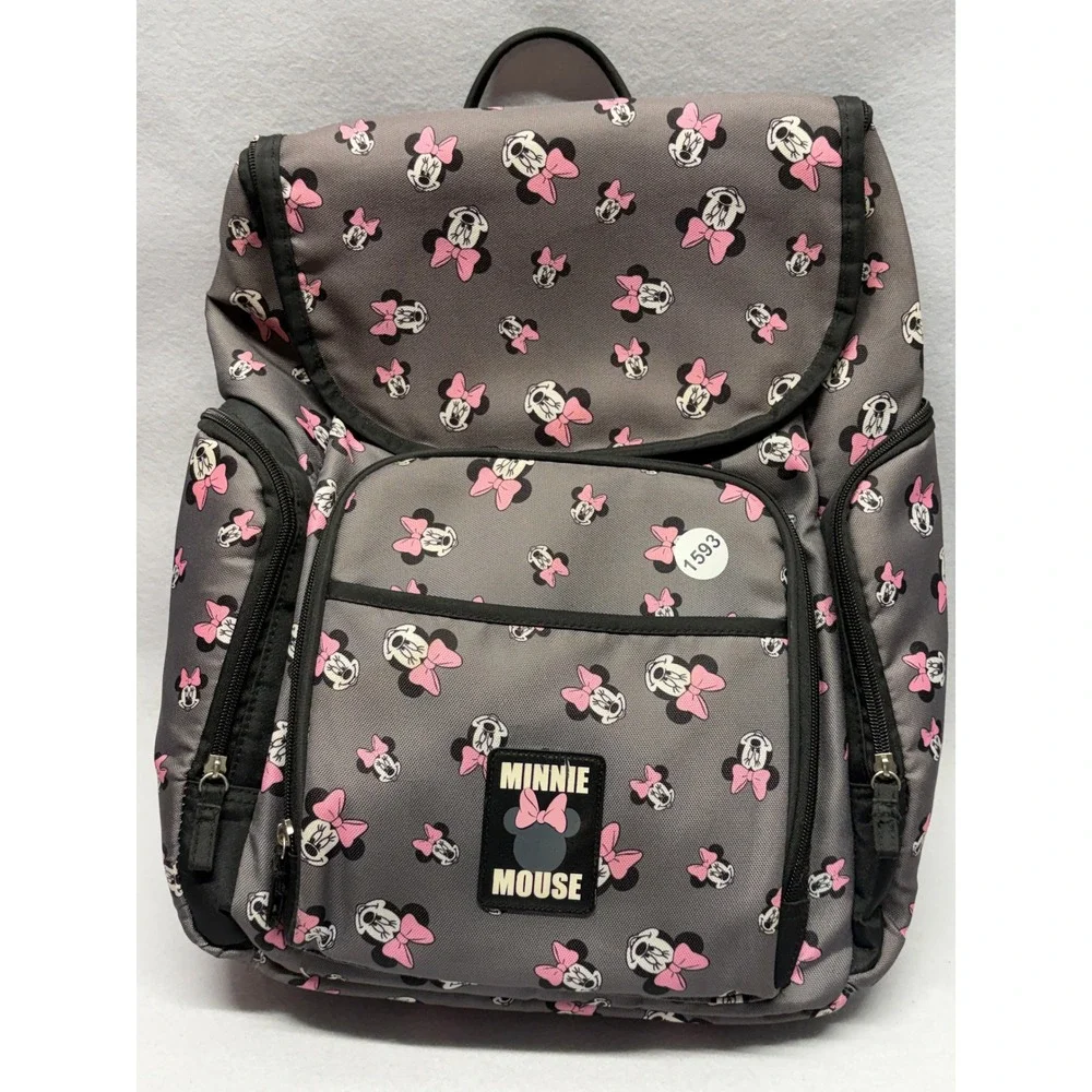 Disney Minnie Mouse Diaper Bag Backpack Gray Pink Bow Insulated Pocket Padded